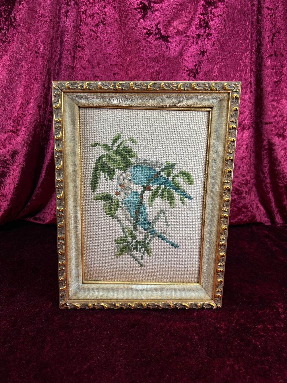 Vintage Mid Century Framed Needlepoint Wall Art Blue Parakeet Birds On A Branch